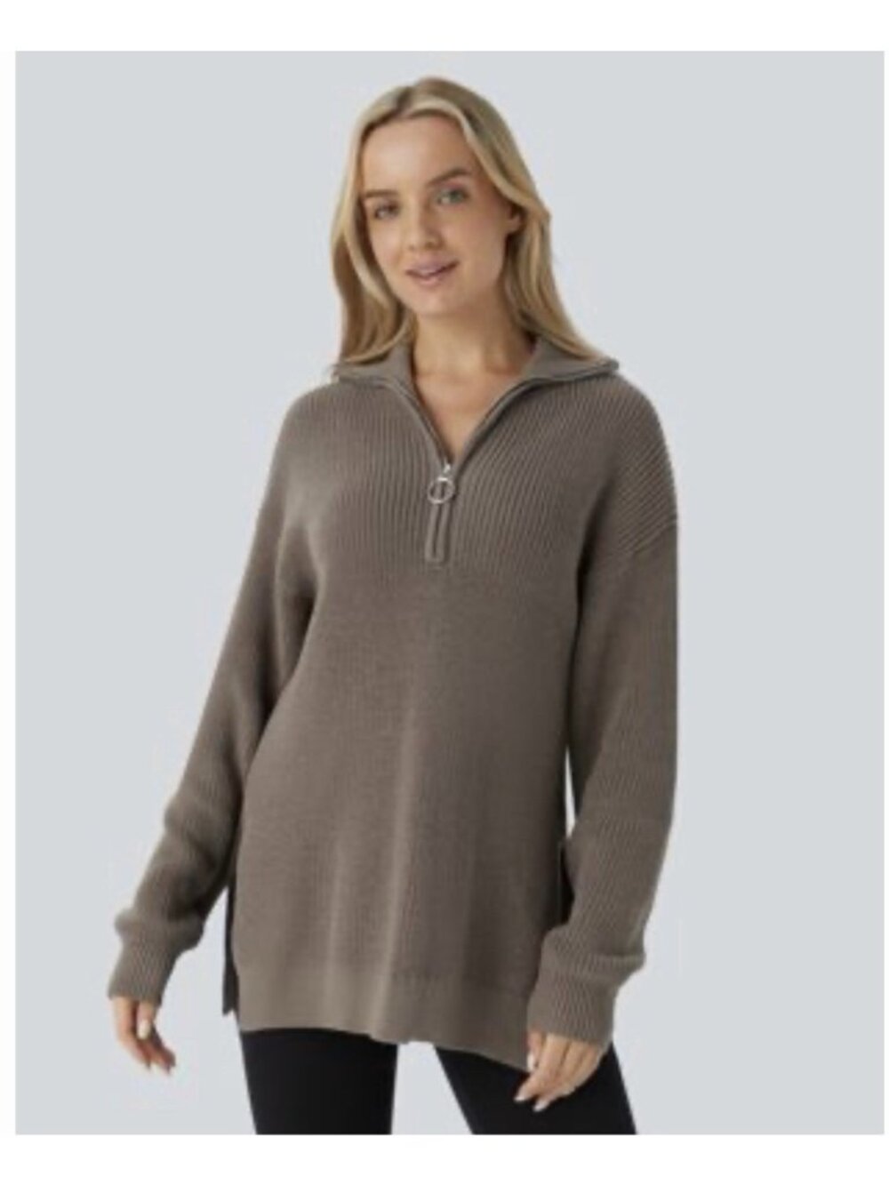 HALARA Funnel Neck 1/2 Zip Tunic XS Side Split Sweater Desert Taupe NWT B40